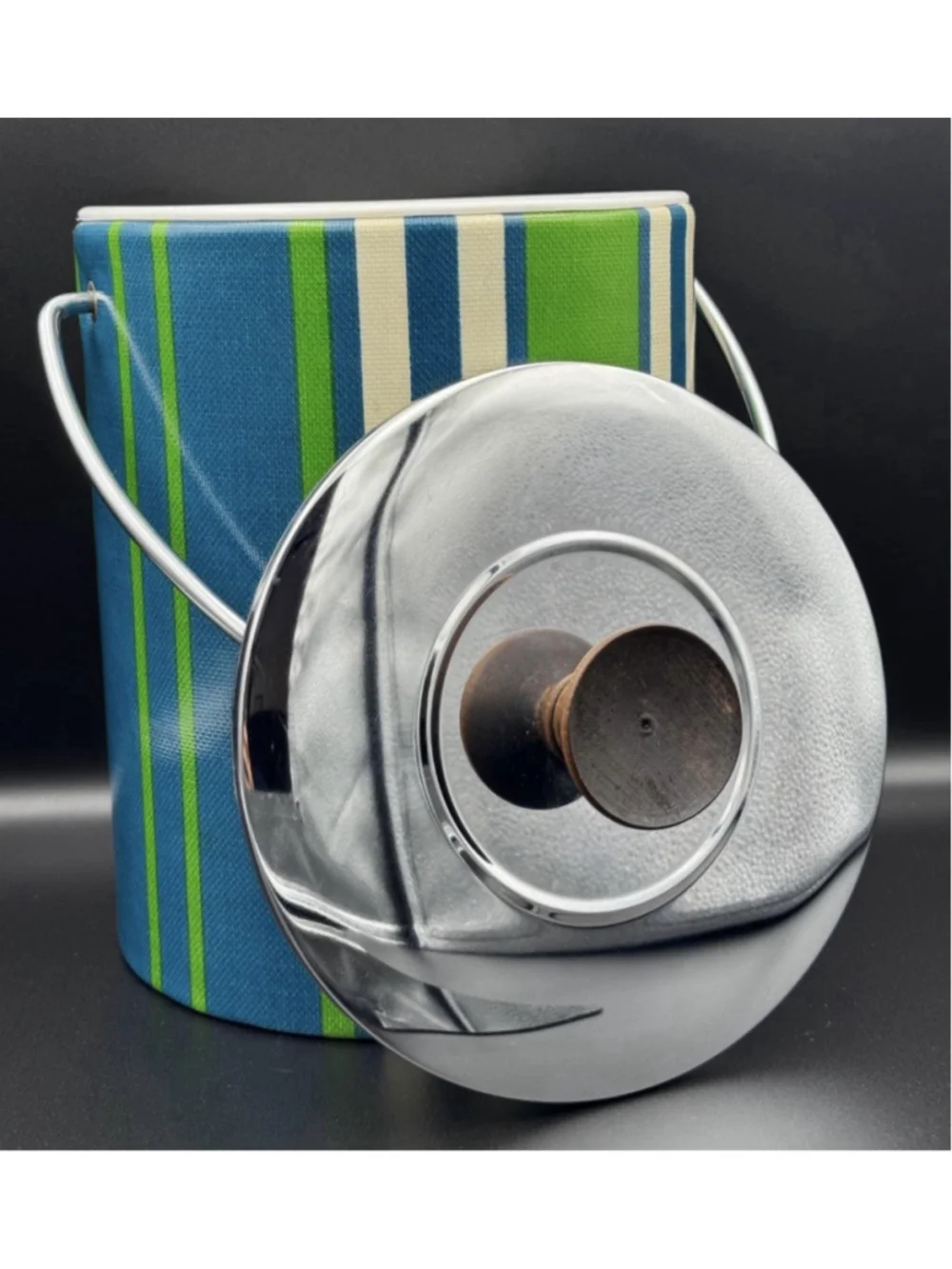 Vintage MCM Striped Vinyl Ice Bucket Blue Green Chrome Lid Wood Knob